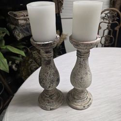 Rustic Distressed White Wood Candle Holders – Set of 2 Pedestal Stands