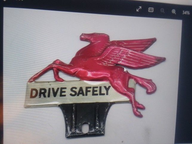 RARE & ORIGINAL 1940's MOBIL OIL FLYING HORSE LICENSE TOPPER....METALLIC