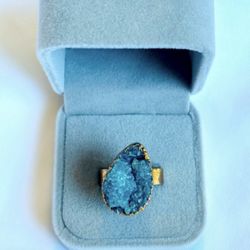 Sz 8 8.25 8.5 Druzy Quartz Gem Turquoise Pear Cut Gemstone Fine Art Ring Unisex Solid Metal Plated Gold Filled Free Form MEN WOMEN New w/ Box