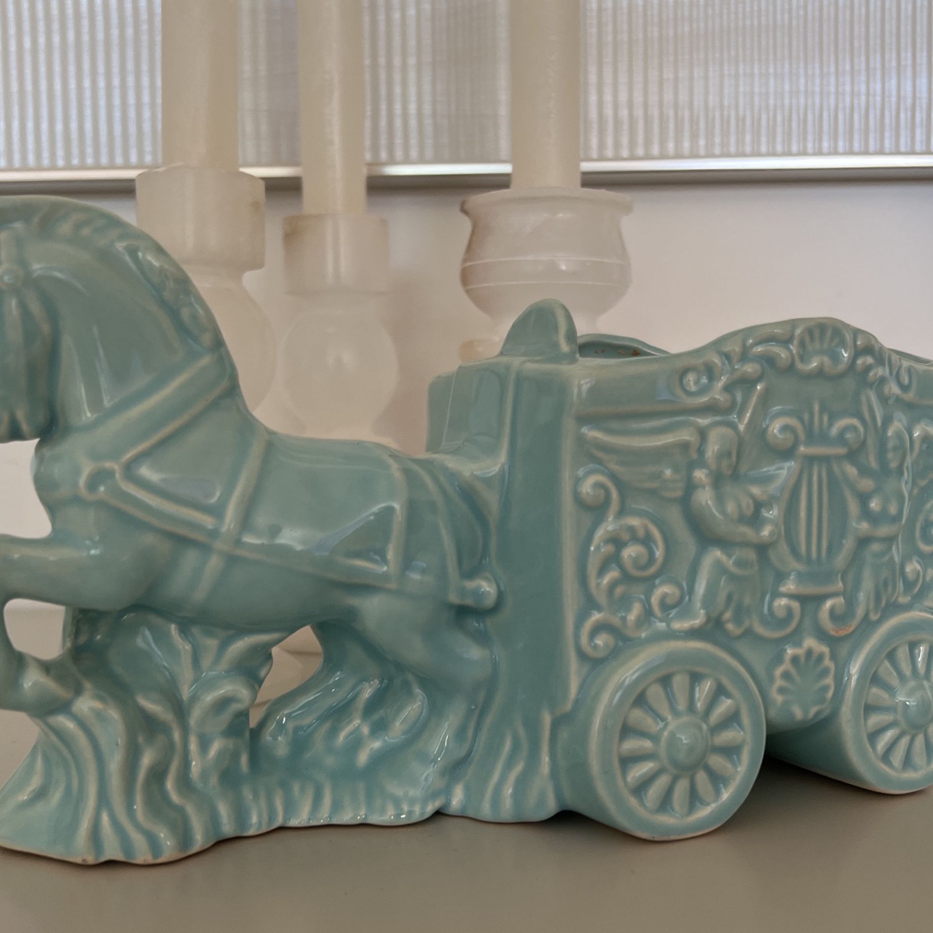 Vintage Sky Blue Carriage & Horse Porcelain Plant Pot 