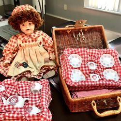 Porcelain Rag Doll With Picnic Set