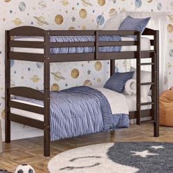 Solid Wood Twin-over-Twin Convertible Bunk Bed, Mocha 