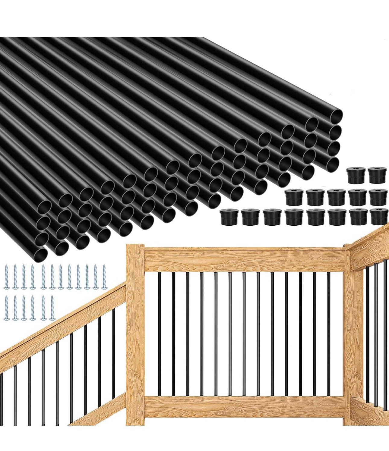 51 Pack 36" Aluminum Deck Balusters, Hollow Round Black Deck Railing Stair Porch Staircase Spindles, 3/4" Diameter Iron Balusters with Connectors & Sc