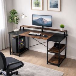 New In Box 59x24x36 Inch Tall Office Computer Desk Table With Tower Stand And Side Shelf Black And Rustic Brown Furniture 