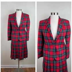 Vtg Pendleton Lennox Tartan Plaid Suit Wool Pleated Skirt Blazer Size 8. USA