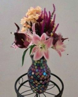 *** CLEARANCE *** Rainbow Mosaic Vase with Faux Dahlias / Tiger Lilies @ Lasting Creations