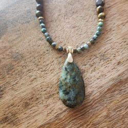 Green Turquoise Tiger Eye 14K Necklace