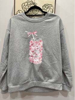 Women Crewneck Gray Sweatshirt Pink Floral Coke Coca Cola Can, Large ~NEW NO TAG