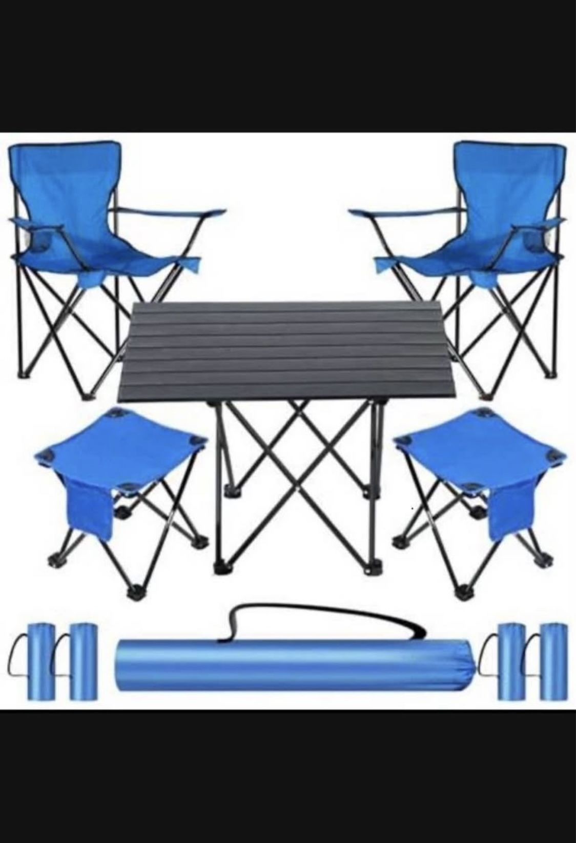 (NEW-AMAZING DEAL) YUNTAU 2 sets of 5 pieces Camping Table and Chair Sets, with Foldable Camping Stools. (BLUE).