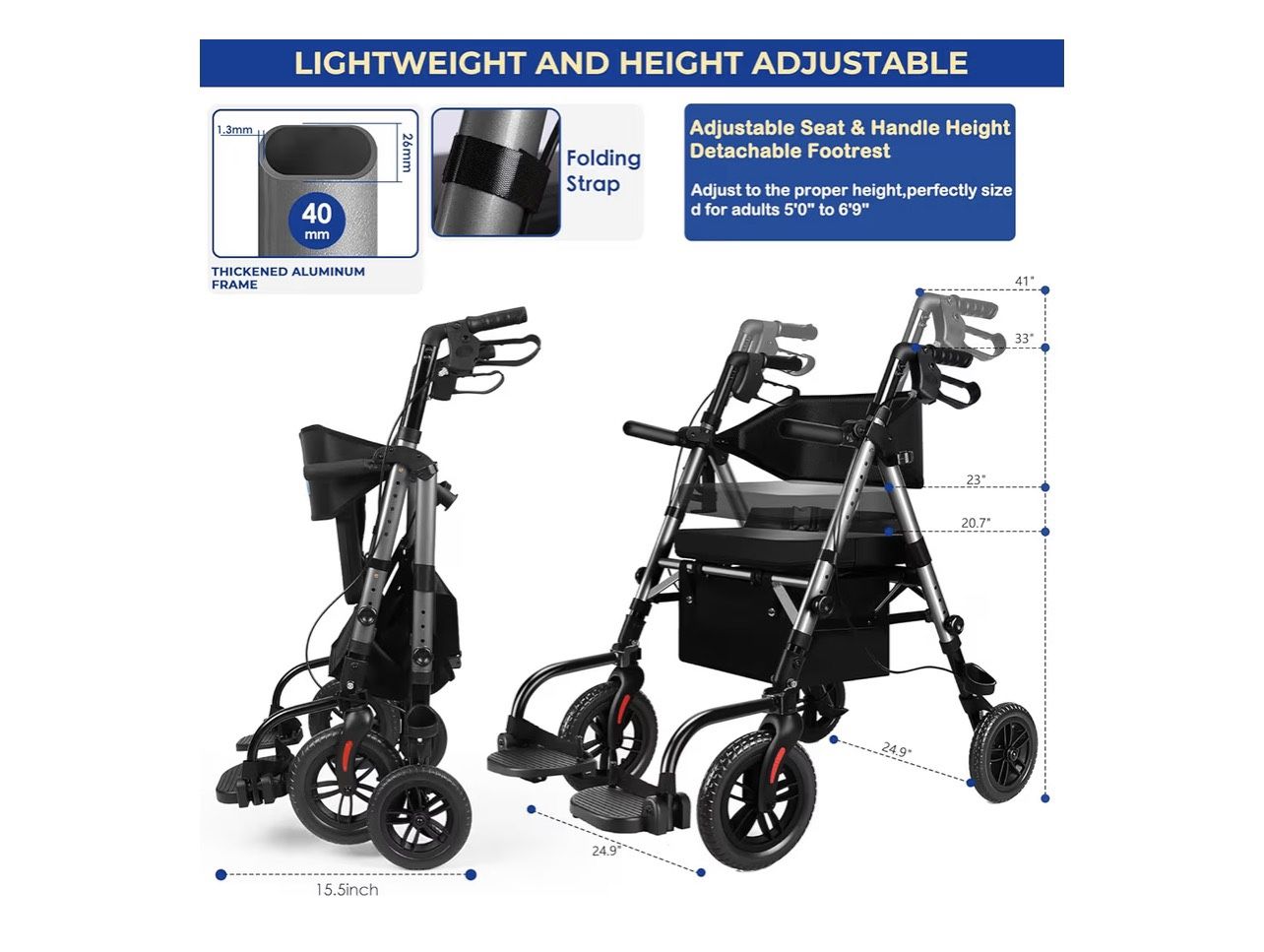 Foldable Rollator Walker for Seniors with Seat