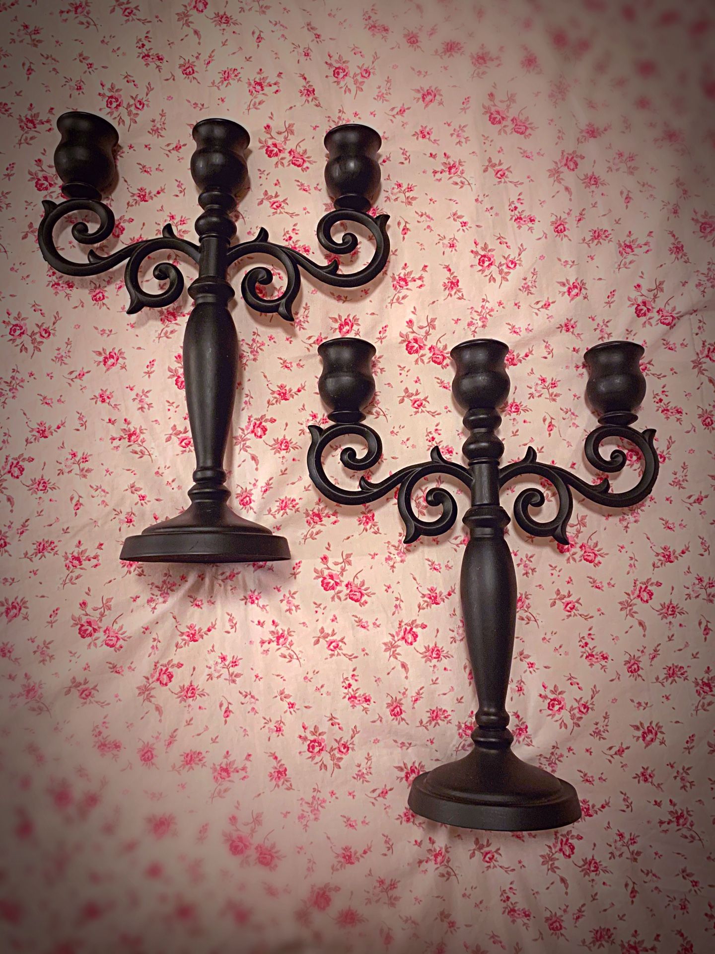 2 satin black candelabras with black velvet bottoms