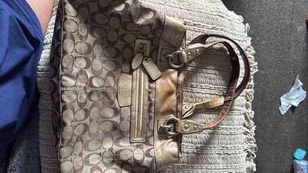Vintage Coach Penelope Signature Tote Bag - Khaki & Metallic Gold Trim