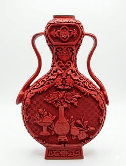 Vintage Chinese Cinnabar Lacquer Double-Handle Vase