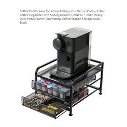 Brand new Coffee Pod Drawer for K-Cup & Nespresso Vertuo Pods – 2-Tier Coffee Organizer with Sliding Drawer, Holds 60+ Pods, Heavy Duty Metal Frame, C