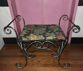 Vintage Wrought Iron Vanity Bench Scrolled Makeup Chair Tapestry Grape Seat Stool