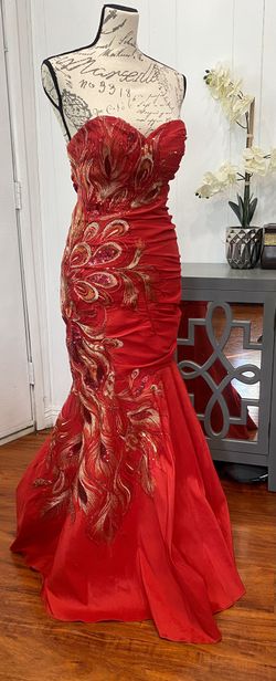 Modern Peacock Feather Embroidery design Strapless Taffeta Dress