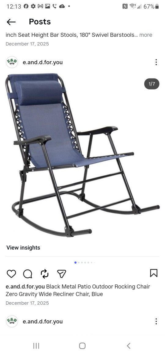 Black Metal Patio Outdoor Rocking Chair Zero Gravity Wide Recliner Chair, Blue