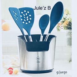 Juego De 4 Utensilios Azules Y Organizador Giratorio Nuevos  En Sus Cajas 