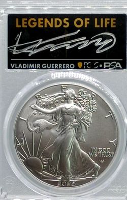 2025 $1 Silver Eagle PCGS MS70 First Strike Signed By Vladimir Guerrero #871