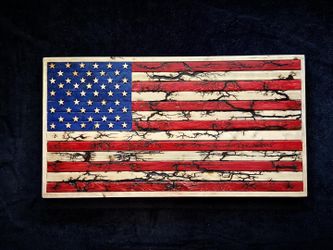 Custom wood American flag with red stripes and fractal Burns