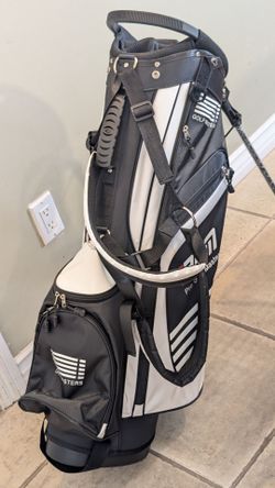 BRAND NEW PRO GOLF MASTERS PGM PREMIUM DESIGN 14-WAY TOP 6 ZIPPERS POCKETS DUAL STRAPS SEMI CONCEALED GOLF STAND BAG is STYLISH BLACK/ WHITE ANS MULTI