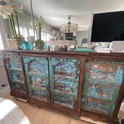 Antique Indian Armoire/ V=Credenza? Sideboard Cabinet Patina Finish With Brass Rosettes And Rings (3) Total