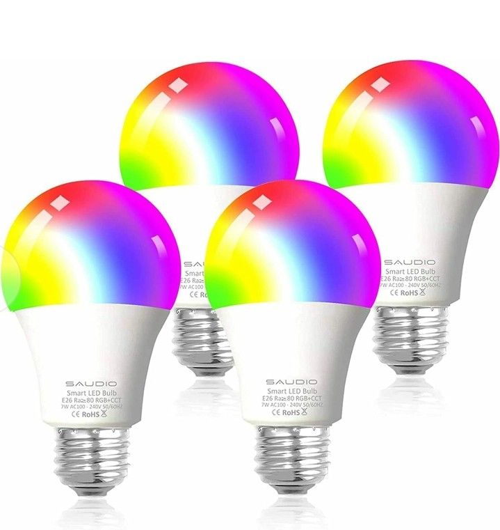 4 pack Smart WiFi Light Bulbs SAUDIO LED RGB Color Changing Bulbs Alexa, Echo Google Home & Siri Compatible 2.4GHz WiFi Only No Hub Required
