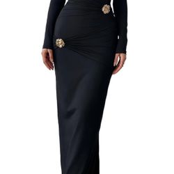 black large size women Cocktail Dress, Off-Shoulder Floor-Length Gown, Handcrafted Golden Roses, Formal Wedding Guest Dress