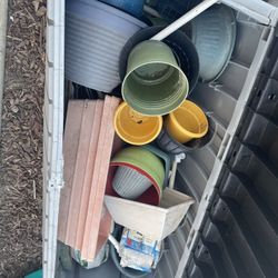 Tote With Lid And An Assortment Of Planting Pots 
