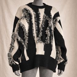 Men’s Distressed Knit Sweater 🖤 Black & Cream Statement Piece M/L