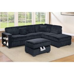 Jumbo Corduroy 3-Piece Sectional Set
Reversible Chaise + Built-In Shelf + Storage Ottoman