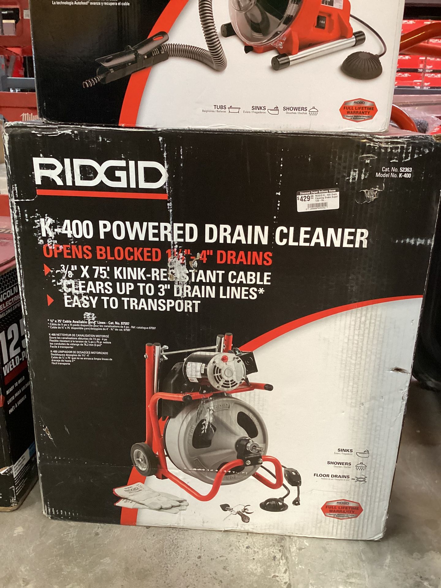 RIDGID K-400 Drain Cleaning Snake Auger 120-Volt Drum Machine with C-32IW 3/8 in. x 75 ft. Cable + 4-Piece Tool Set & Gloves