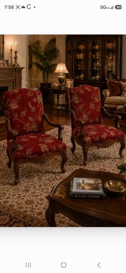 Luxury Pair of Ornate Carved Wood High End Back Armchairs- Rich Red Floral Upholstery