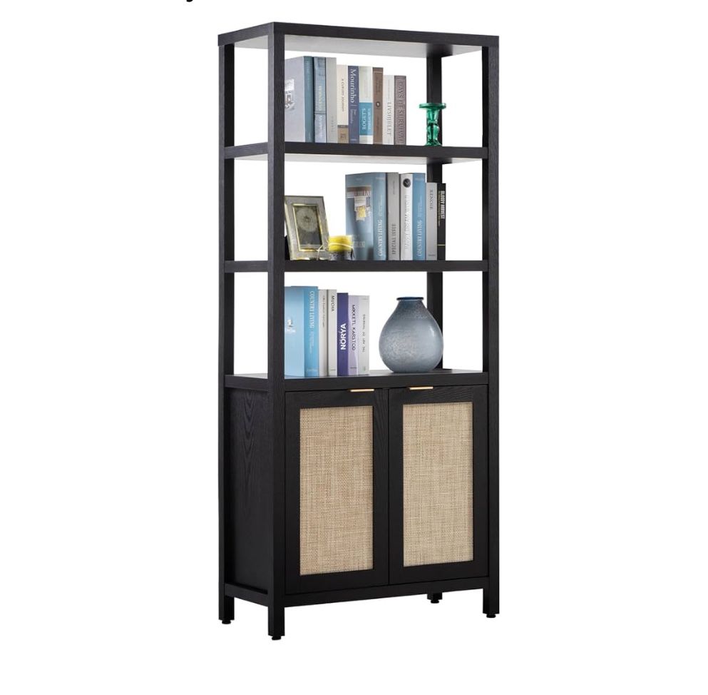 0619 Bookshelf 5 Tier Book Shelf Rattan Boho Tall Bookcase with Doors Storage Wood Shelves Large Bookshelves Farmhouse Bookcases Book Case for Living