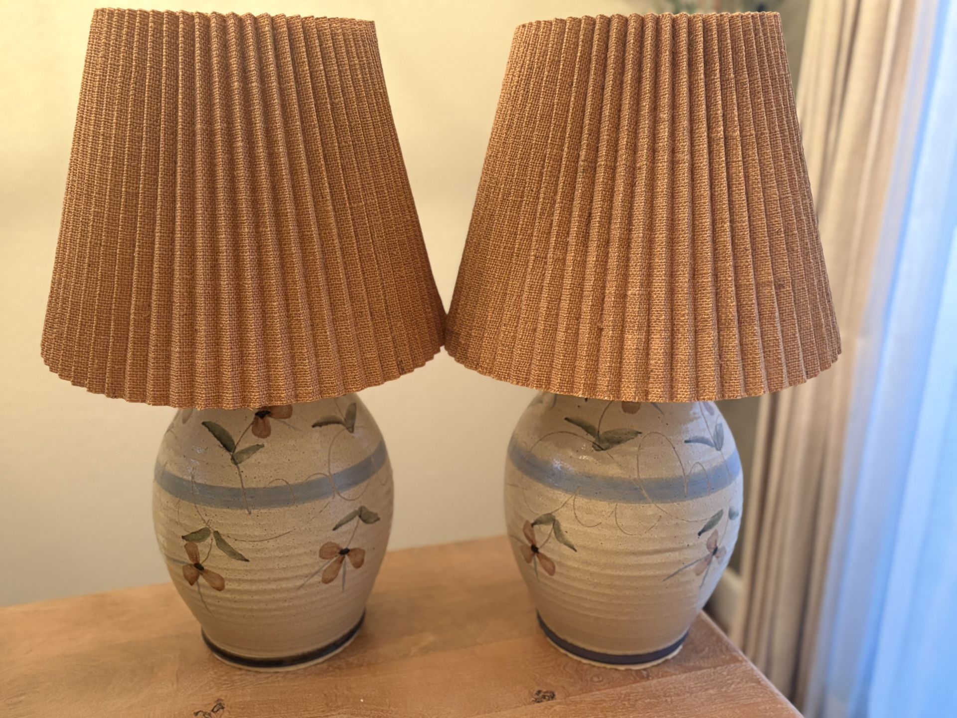 Pair Of Vintage Floral Pottery Lamps - Hand painted And Scribed