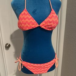 Neon Pink & Coral Crochet-Style Bikini Set – Small (3–5) – Padded Triangle Top