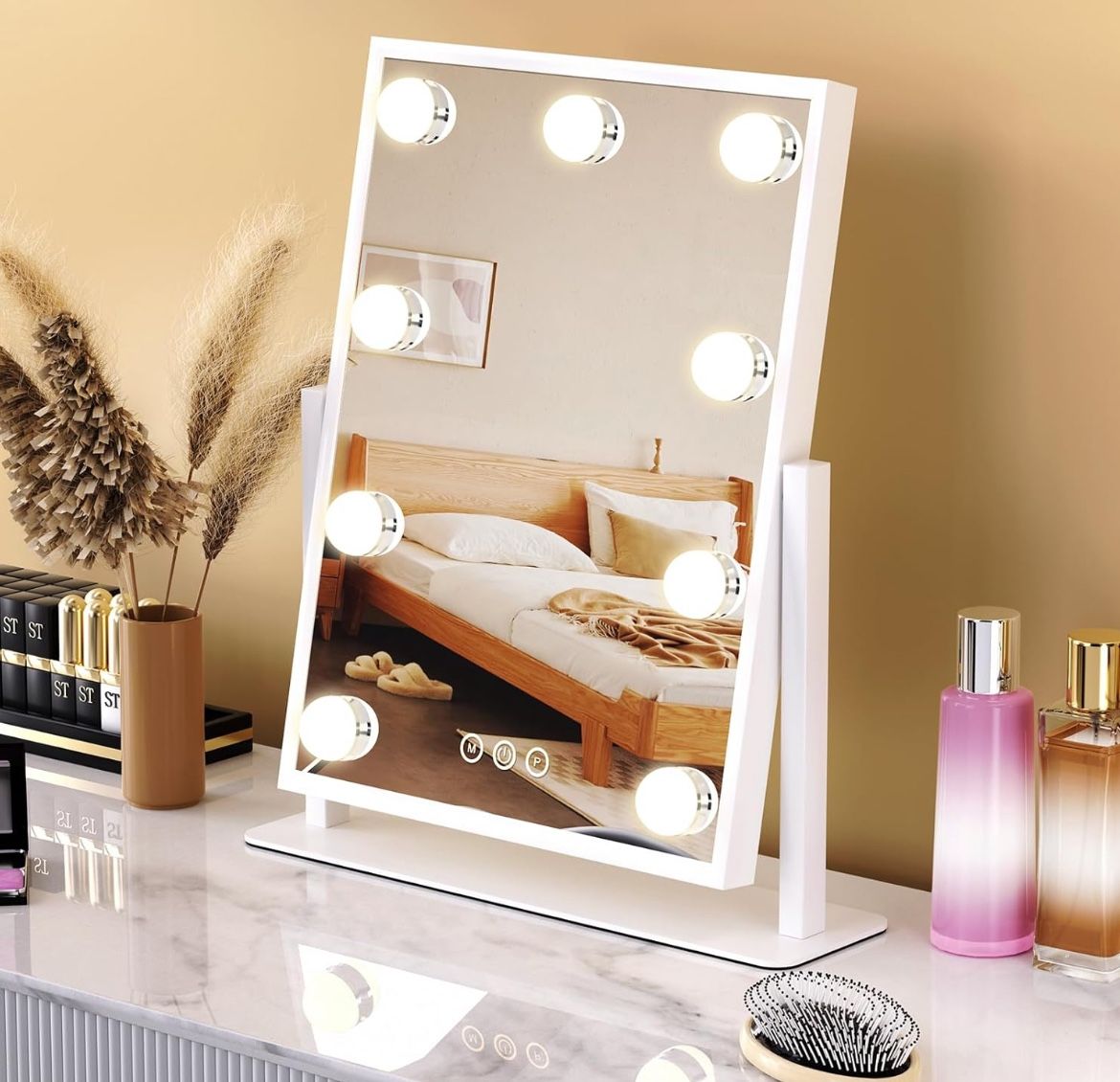 Vanity Mirror with Lights, Lighted Makeup Mirror Hollywood makeup Mirror with 9 Dimmable Bulbs and 3 Color Lighting Modes, Smart Touch Control,