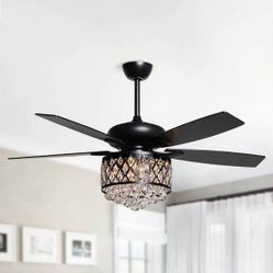 Industrial 52 in Indoor Matte Black Chandelier Ceiling Fan with Crystal Light Kit and Remote control