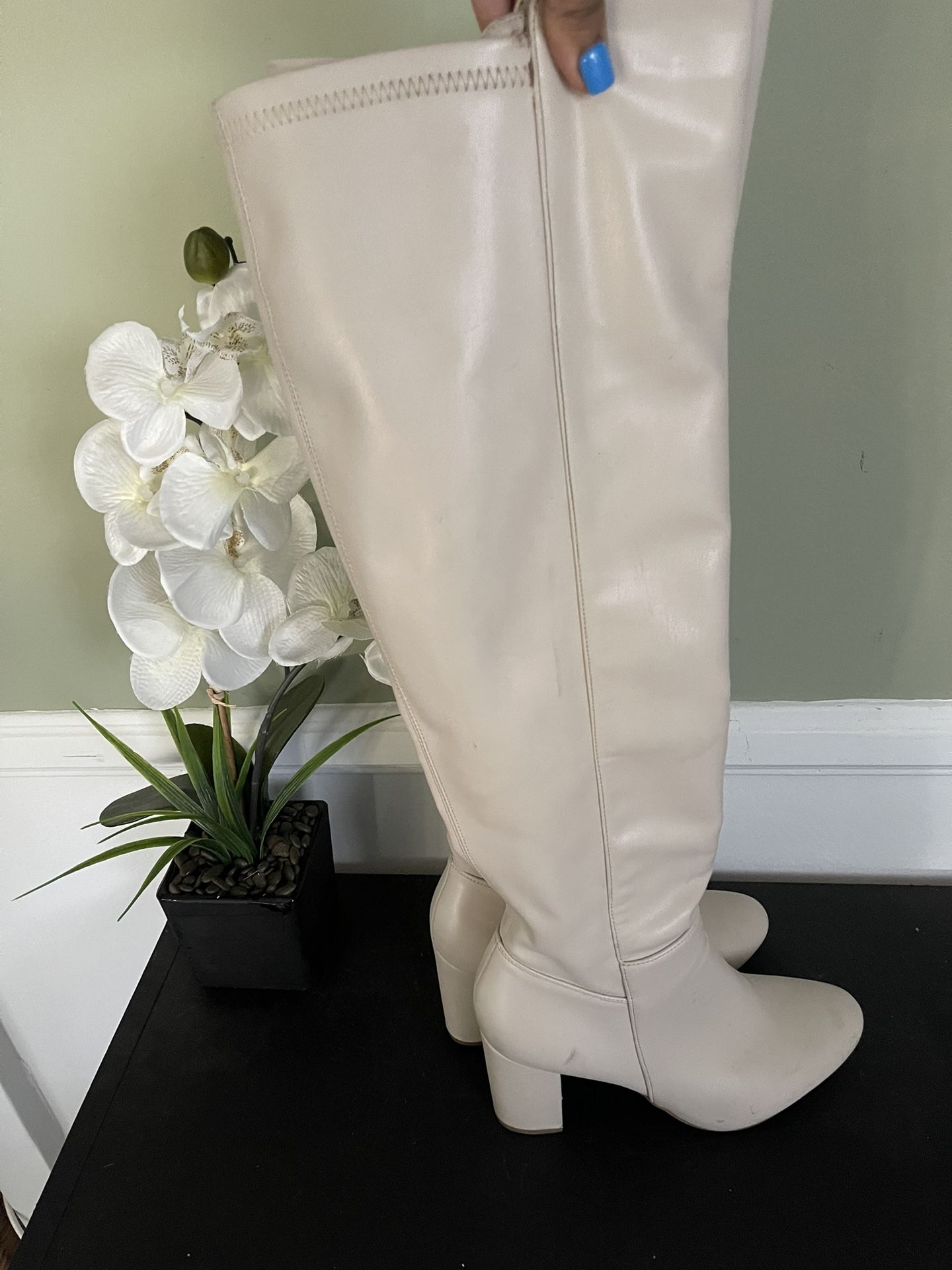 White Thigh High Heel Boots 