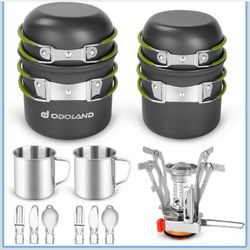 Odoland Kit de utensilios de cocina de camping de 16 piezas, mini estufa ligera con 2 tazas, kits de cuchara de tenedor para mochileros, camping al ai