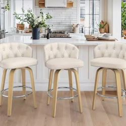 Web 36 in. Ivory Wood Frame Counter Height Bar Stool Faux Leather Upholstered Swivel Bar Stool (Set