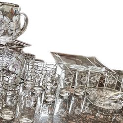Rockwell Sterling Silver Company 1960’s - Sterling Silver Overlay Glass - Peony Pattern- 26 Piece Drink-Ware and Serving Set. Vintage !