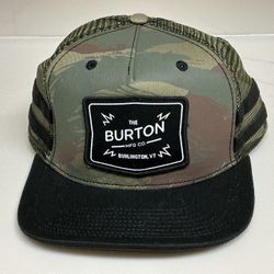 Burton Hat Cap Snap Back Mens One Size Green Camo Trucker Mesh Patch Logo