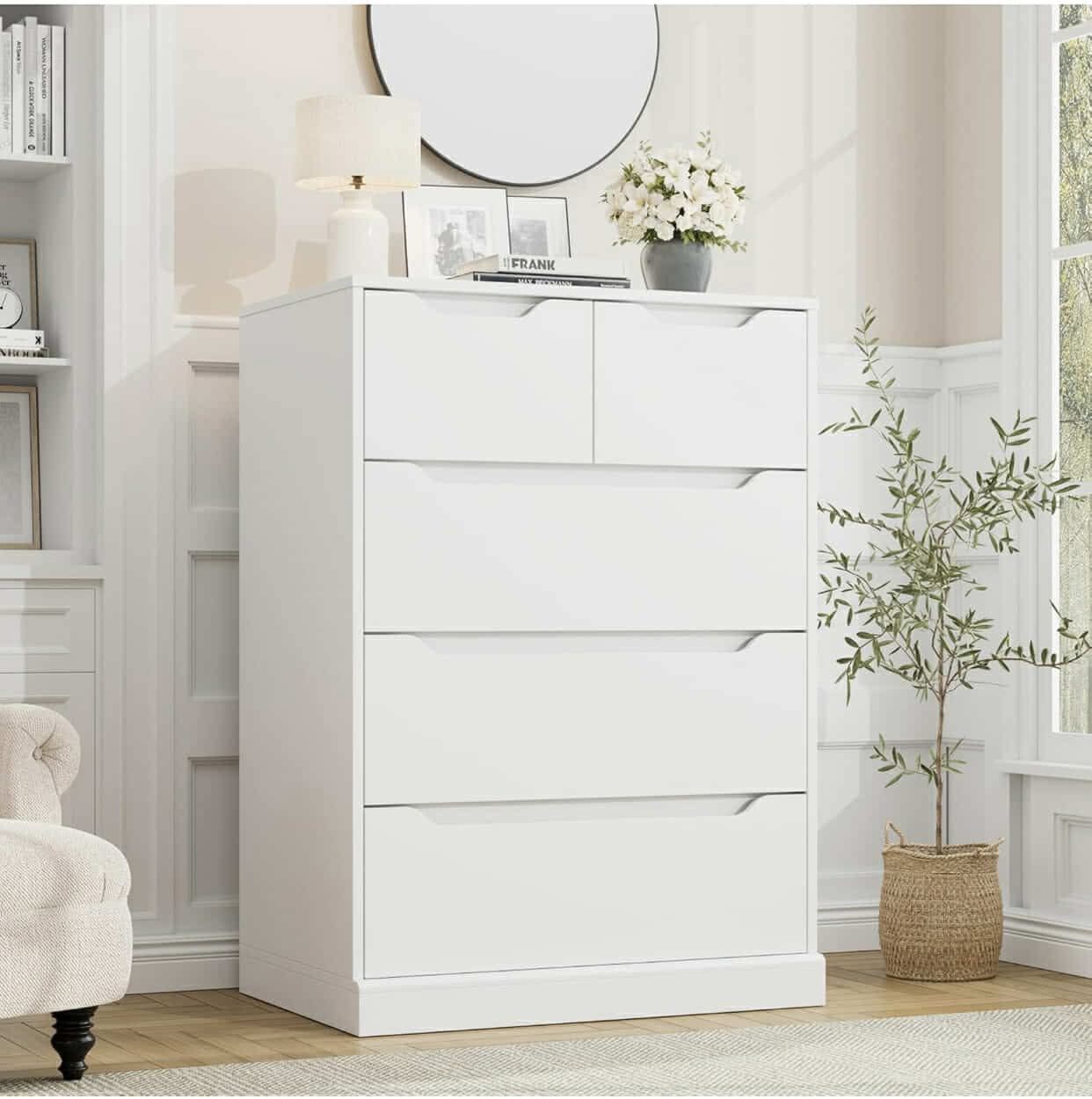Modern 5 Drawer Dresser, Wood Storage Chest Organizers with Cut-Out Handles, Accent Storage Cabinet, White