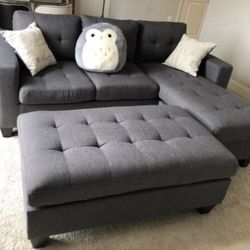 Gray Modern 81” Tufted Sectional Sofa with Reversible Chaise and Ottoman