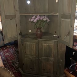AVAILABLE Vintage Green Wash Corner Cabinet/Armoire/Entertainment Center/Desk