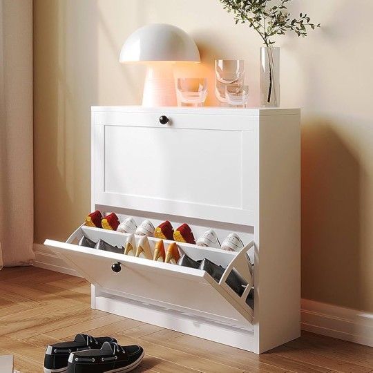 O805 Shoe Cabinet with 2 Flip Drawers, Freestanding Shoe Storage Cabinet with Adjustable Shelf & Anti-Tipping Device, Shoe Rack for Entryway, Hal