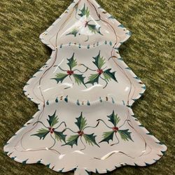 Vintage Hand painted Ceramic Christmas Tree Divided Dish
