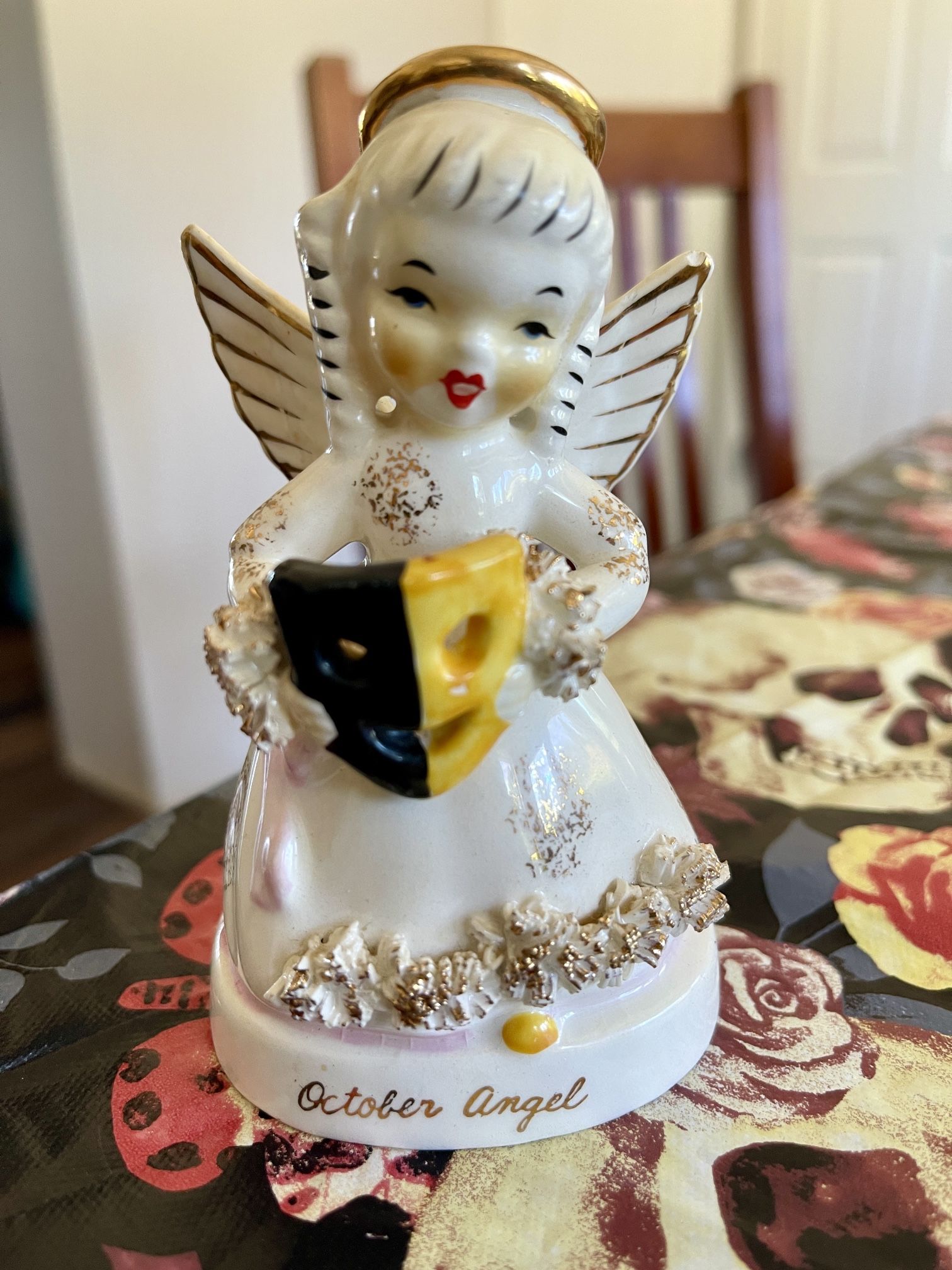 Vintage Napco October Birthday Angel W/ Halloween Mask Spaghetti Trim A1370