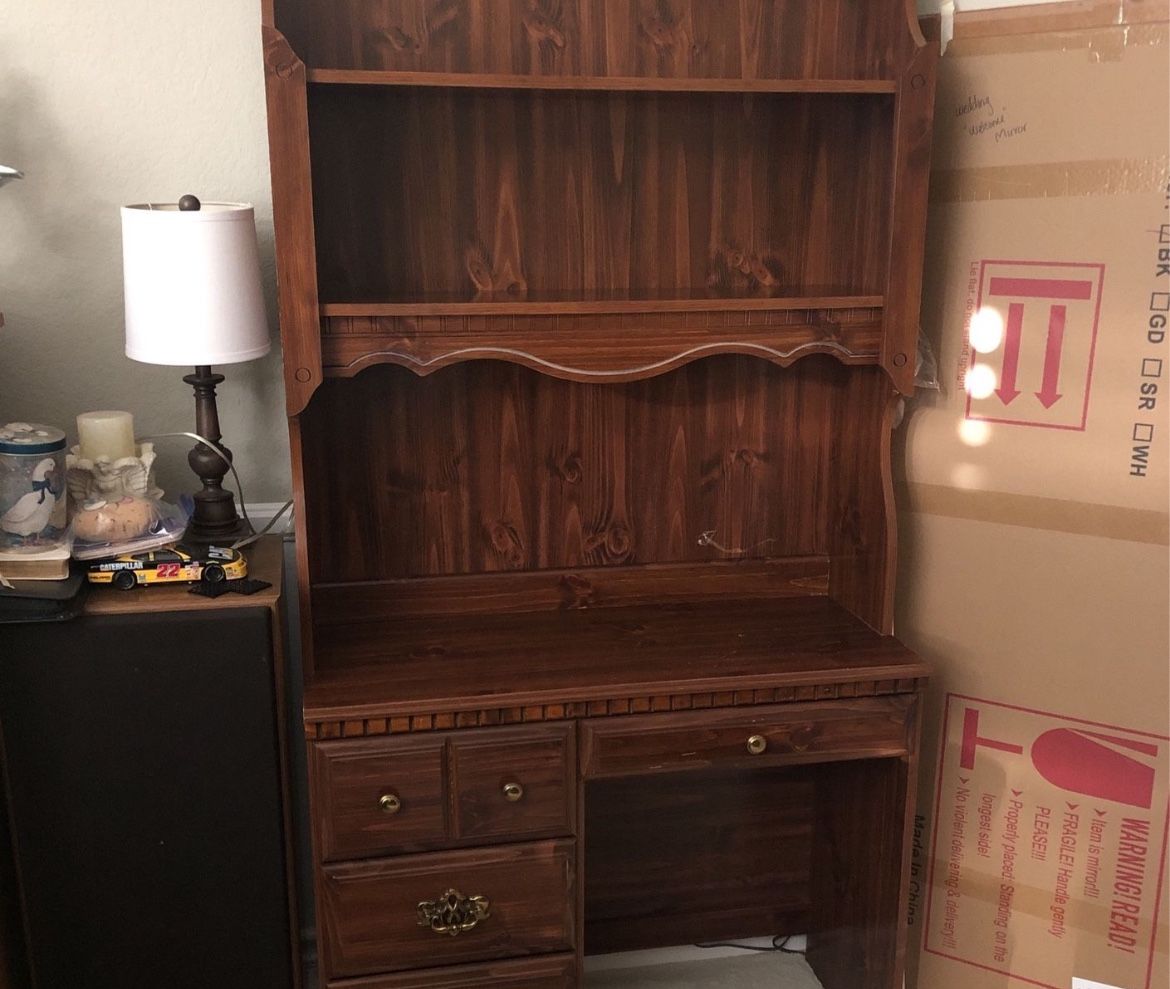 Brown Antique Desk/Vanity Hutch